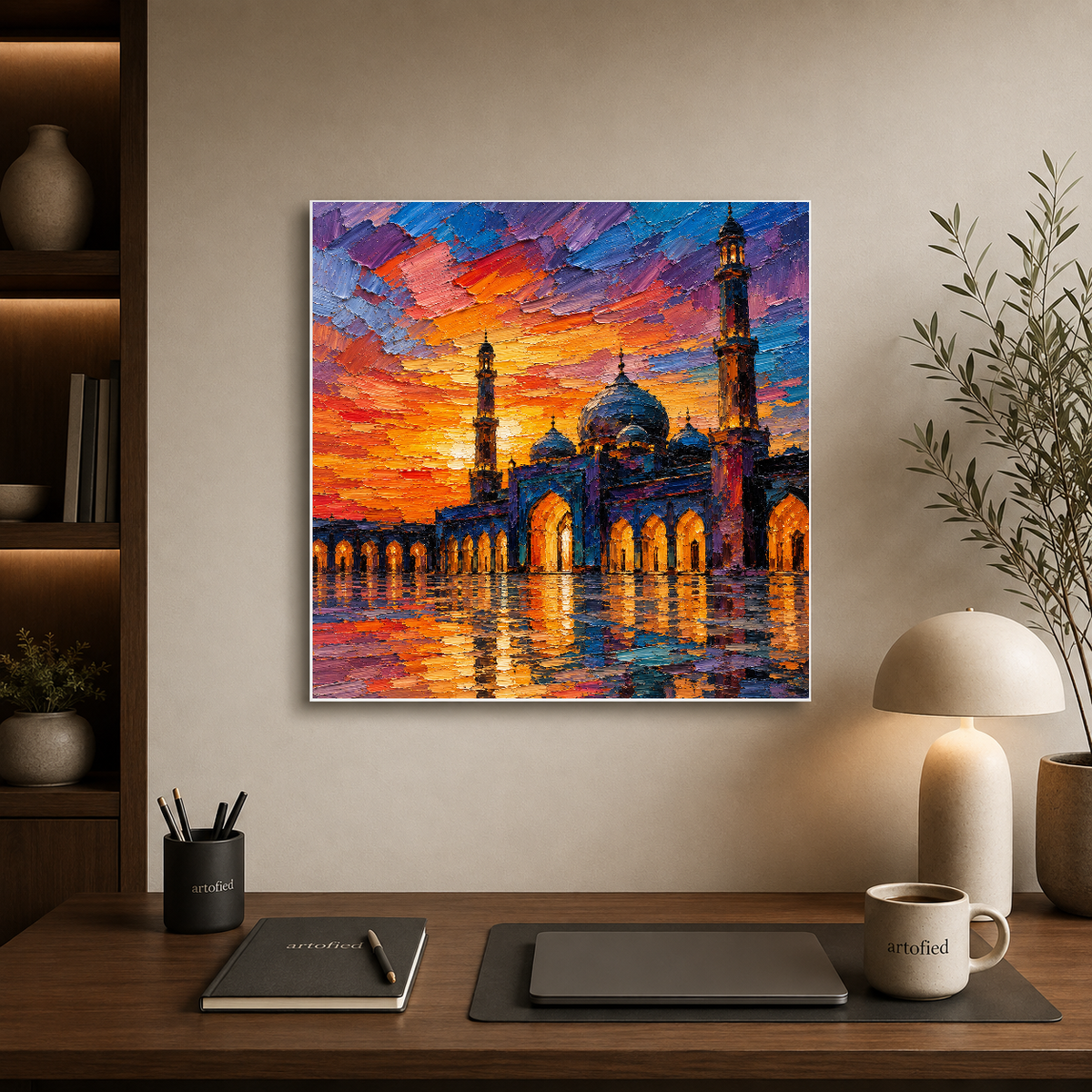 Mosque at Sunset: Sacred Architecture Ablaze – Amber and crimson ignite the sacred courtyard – Premium Metal Poster - Artofied