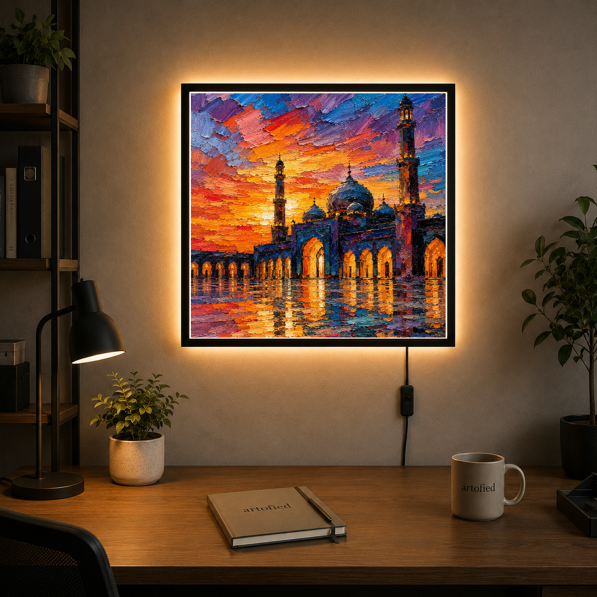 Mosque at Sunset: Sacred Architecture Ablaze – Amber and crimson ignite the sacred courtyard – Photo Frame Wall Lamp - Artofied