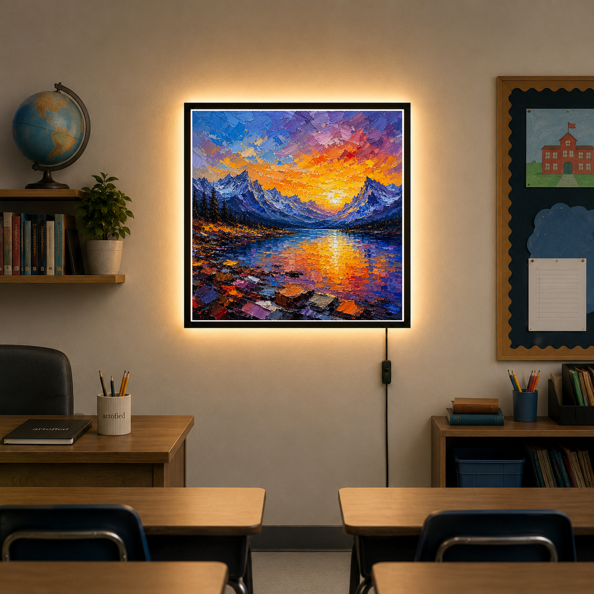 Mountain Lake at Golden Sunset – Where dramatic peaks meet glowing waters – Acrylic Glowing Frame - Artofied