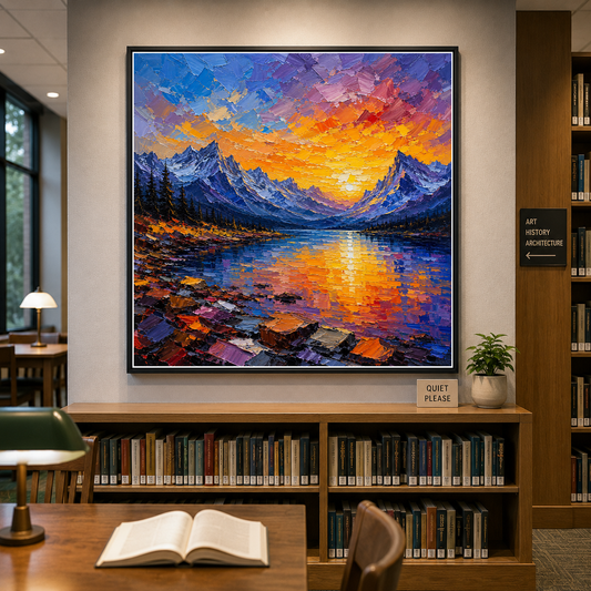 Mountain Lake at Golden Sunset – Where dramatic peaks meet glowing waters – Framed Metal Poster - Artofied