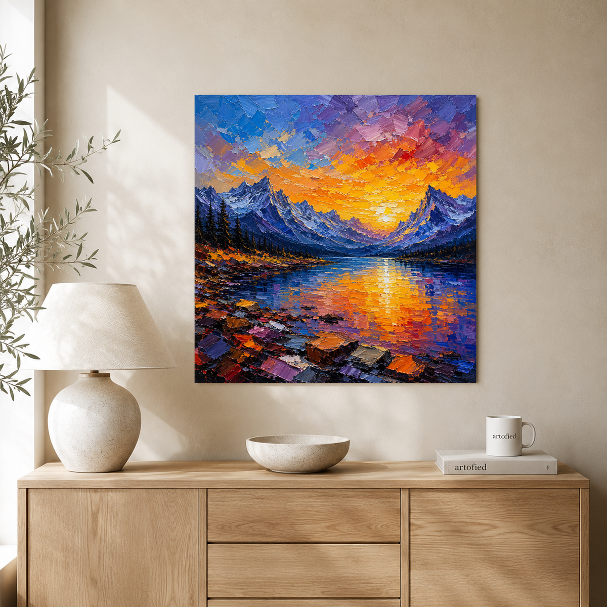 Mountain Lake at Golden Sunset – Where dramatic peaks meet glowing waters – Premium Metal Poster - Artofied
