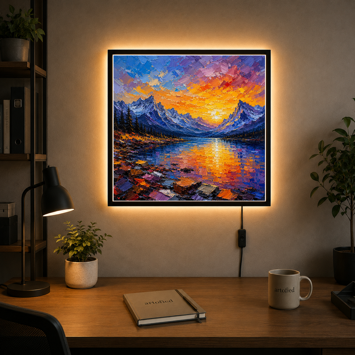 Mountain Lake at Golden Sunset – Where dramatic peaks meet glowing waters – Photo Frame Wall Lamp - Artofied