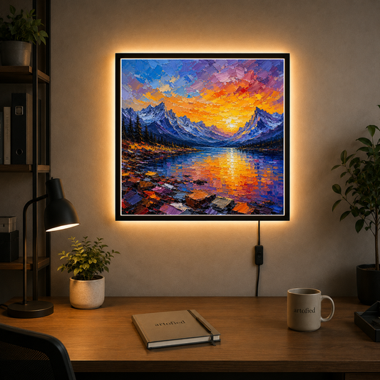Mountain Lake at Golden Sunset – Where dramatic peaks meet glowing waters – Photo Frame Wall Lamp - Artofied