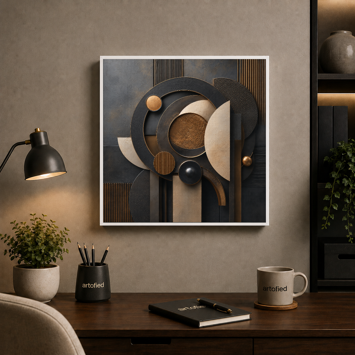 Orbital Geometry in Gold & Charcoal – Charcoal circles compose a bronze reverie – Framed Metal Poster - Artofied