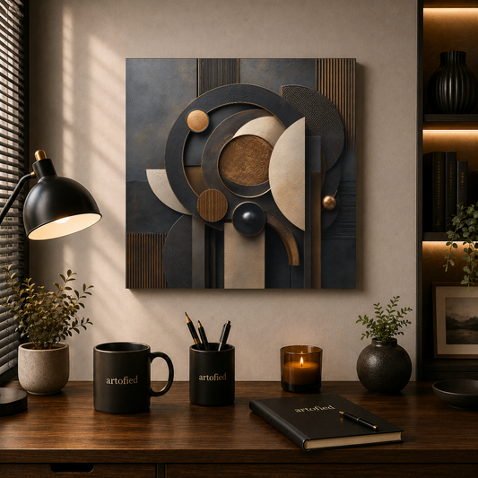 Orbital Geometry in Gold & Charcoal – Charcoal circles compose a bronze reverie – Premium Metal Poster - Artofied