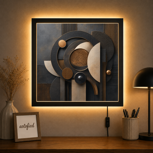 Orbital Geometry in Gold & Charcoal – Charcoal circles compose a bronze reverie – Photo Frame Wall Lamp - Artofied