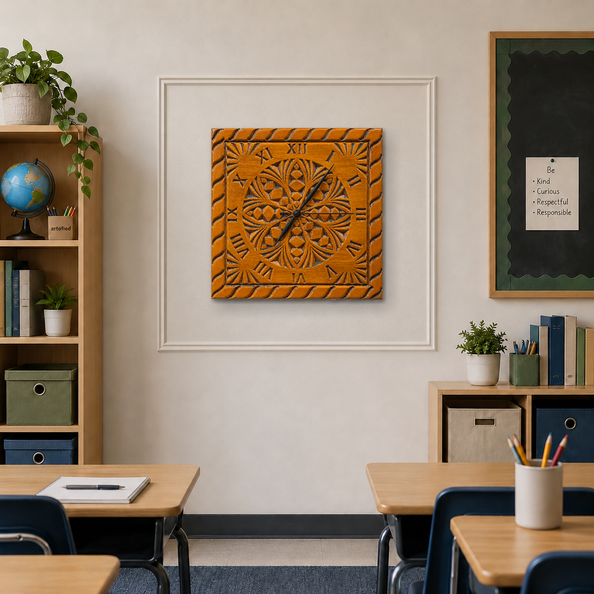 Ornate Rosette Square wooden wall clock on a classroom wall with plaster molding