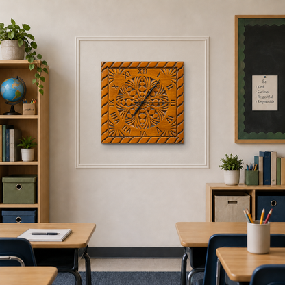 Ornate Rosette Square wooden wall clock on a classroom wall with plaster molding
