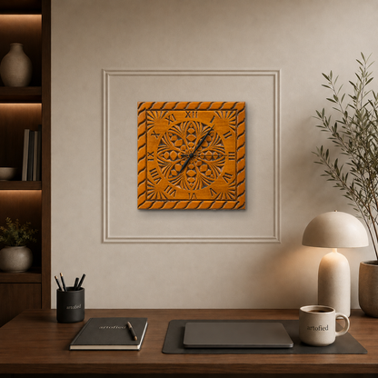 Ornate Rosette Square wooden wall clock above a wooden desk with plaster wall molding