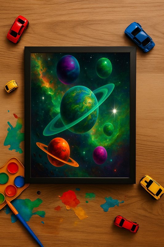 Five Worlds in Green Fire – Framed Cosmic Metal Poster Wall Art