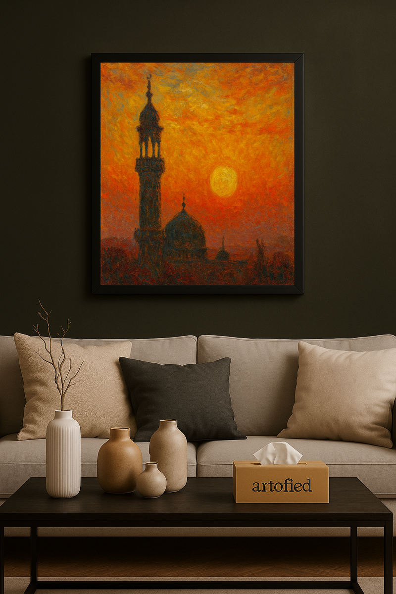 Minaret in Golden Fire – Framed Islamic Art Metal Poster Wall Art