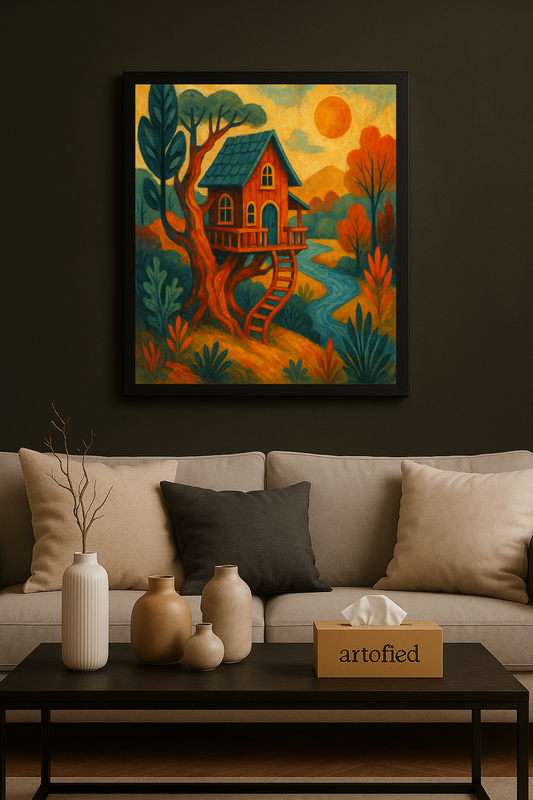 Folk Cottage in the Branches – Framed Folk-Art Metal Poster Wall Art