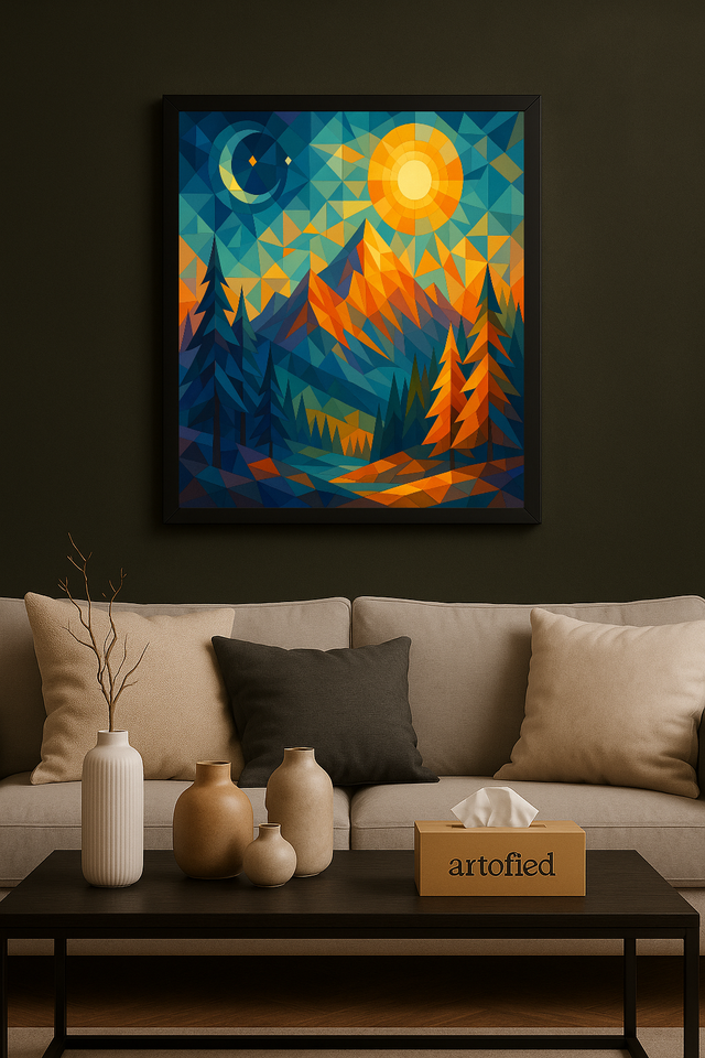 Low-Poly Sunset Range – Framed Low-Poly Metal Poster Wall Art