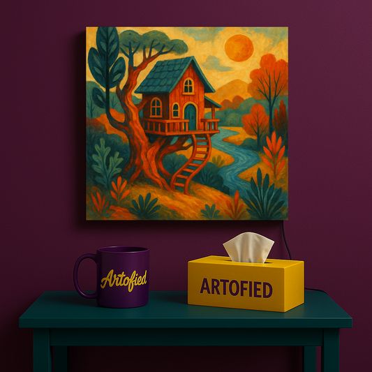 The Treehouse at Dusk – Folk-Art Metal Poster Wall Art