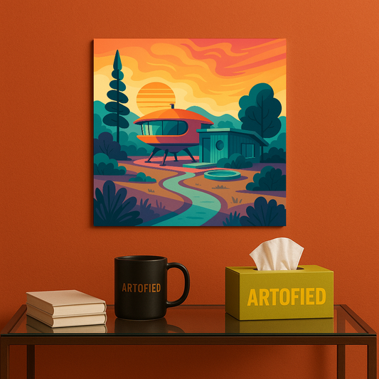 The Pod House at Sunset – Whimsical Metal Poster Wall Art