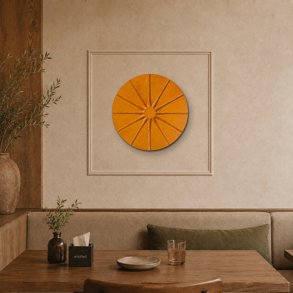 Radiant Sun Burst Wood Cutout – Warm geometry casting quiet light across neutral space. – Wood Cutout Wall Art - Artofied