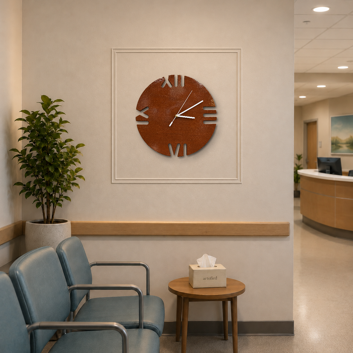 Roman Quarters Cutout wooden wall clock in a waiting area with a plaster wall panel