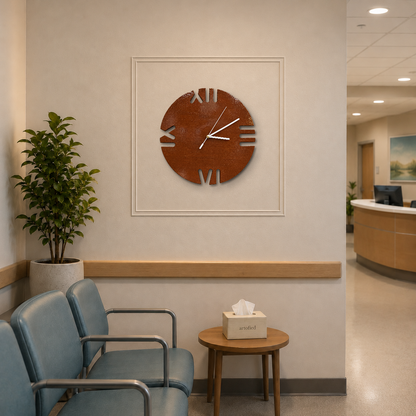 Roman Quarters Cutout wooden wall clock in a waiting area with a plaster wall panel