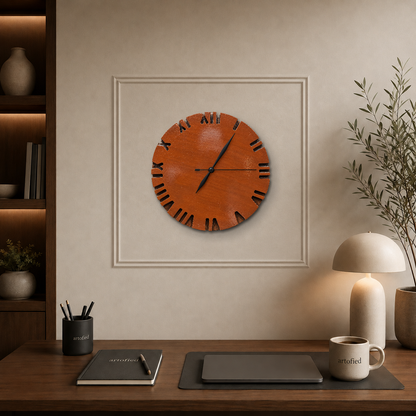 Russet Roman Edge wooden wall clock above a wooden desk with plaster wall molding
