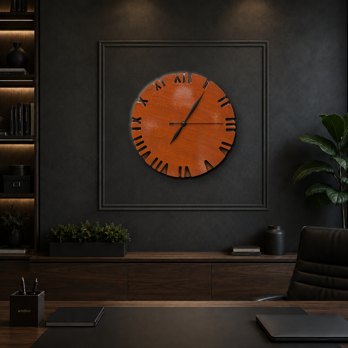 Russet Roman Edge wooden wall clock on a charcoal panelled wall