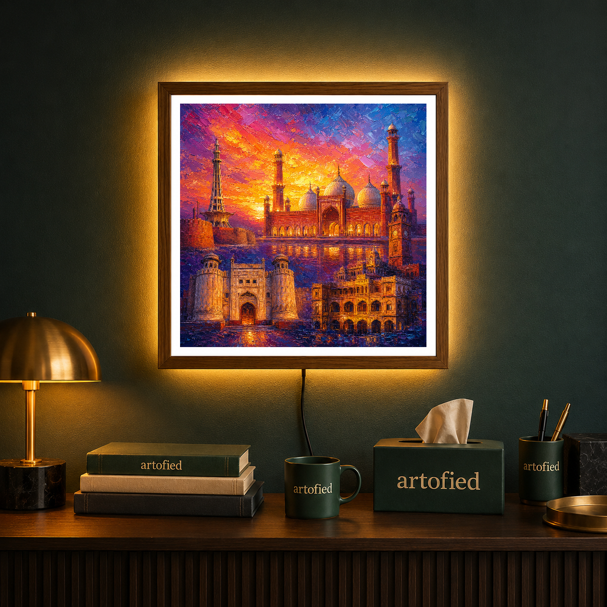 Sacred Cities at Golden Hour – Monuments glowing in molten gold – Acrylic Glowing Frame - Artofied