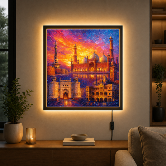 Sacred Cities at Golden Hour – Monuments glowing in molten gold – Photo Frame Wall Lamp - Artofied