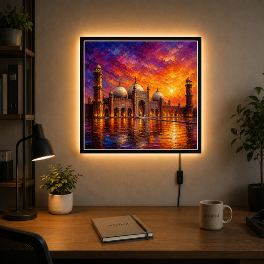 Sacred Mosque at Golden Sunset – Where spirituality meets radiant light – Acrylic Glowing Frame - Artofied