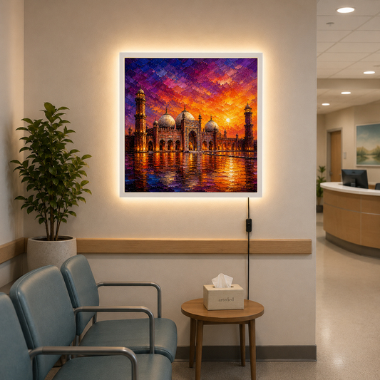 Sacred Mosque at Golden Sunset – Where spirituality meets radiant light – Photo Frame Wall Lamp - Artofied