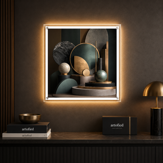 Sculptural Geometry in Soft Earth – Spheres and arcs in muted earth – Acrylic Glowing Frame - Artofied