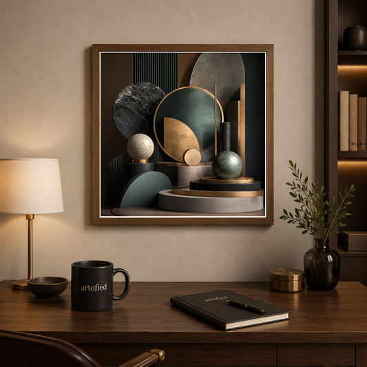 Sculptural Geometry in Soft Earth – Spheres and arcs in muted earth – Framed Metal Poster - Artofied