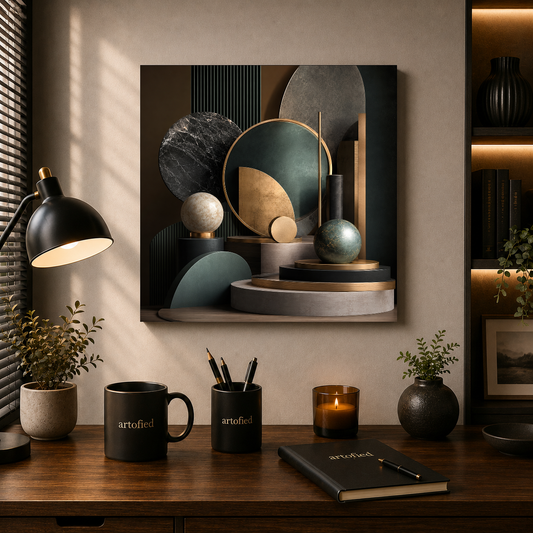 Sculptural Geometry in Soft Earth – Spheres and arcs in muted earth – Premium Metal Poster - Artofied