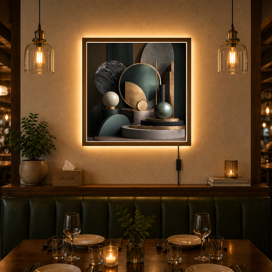 Sculptural Geometry in Soft Earth – Spheres and arcs in muted earth – Photo Frame Wall Lamp - Artofied