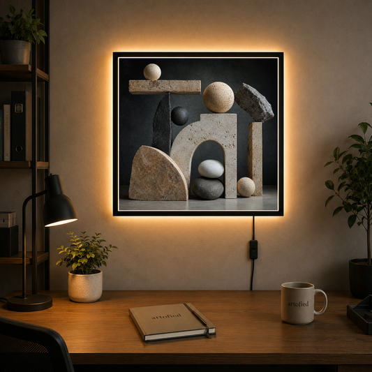 Sculptural Geometry in Stone and Shadow – Stone catches light, casts quiet geometry – Acrylic Glowing Frame - Artofied