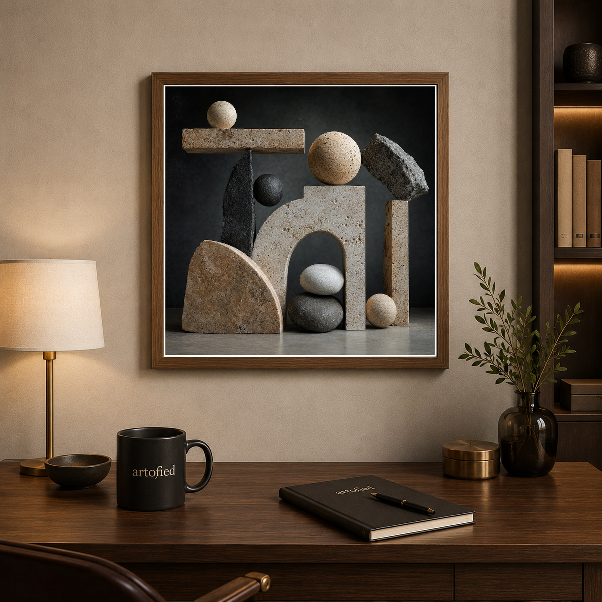 Sculptural Geometry in Stone and Shadow – Stone catches light, casts quiet geometry – Framed Metal Poster - Artofied