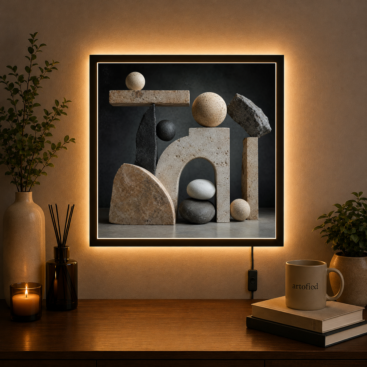Sculptural Geometry in Stone and Shadow – Stone catches light, casts quiet geometry – Photo Frame Wall Lamp - Artofied