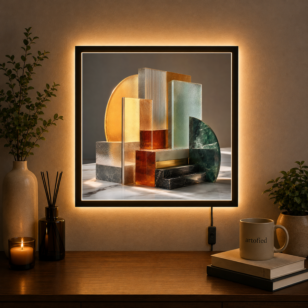Sculptural Geometry in Warm Light – Glass and stone, held in golden stillness – Acrylic Glowing Frame - Artofied