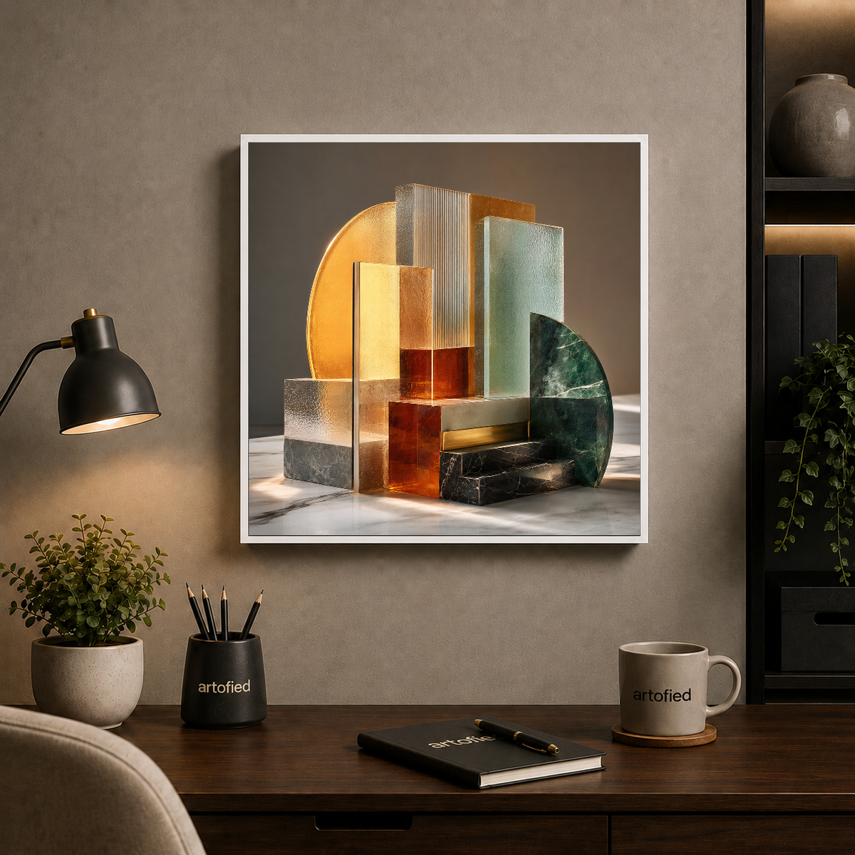 Sculptural Geometry in Warm Light – Glass and stone, held in golden stillness – Framed Metal Poster - Artofied