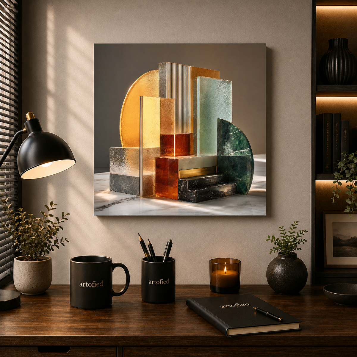 Sculptural Geometry in Warm Light – Glass and stone, held in golden stillness – Premium Metal Poster - Artofied