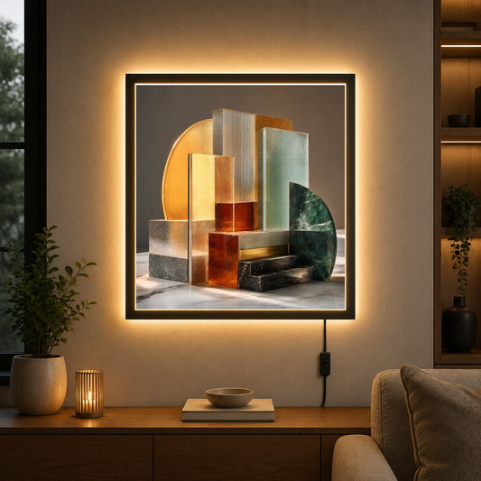 Sculptural Geometry in Warm Light – Glass and stone, held in golden stillness – Photo Frame Wall Lamp - Artofied