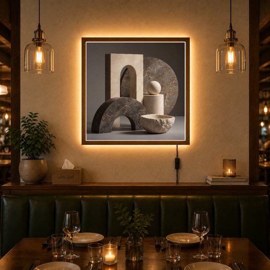 Sculptural Harmony in Stone – Carved stone breathes through empty space. – Acrylic Glowing Frame - Artofied
