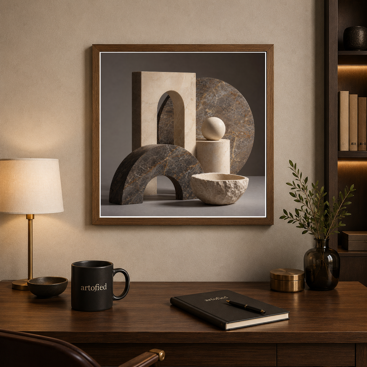 Sculptural Harmony in Stone – Carved stone breathes through empty space. – Framed Metal Poster - Artofied