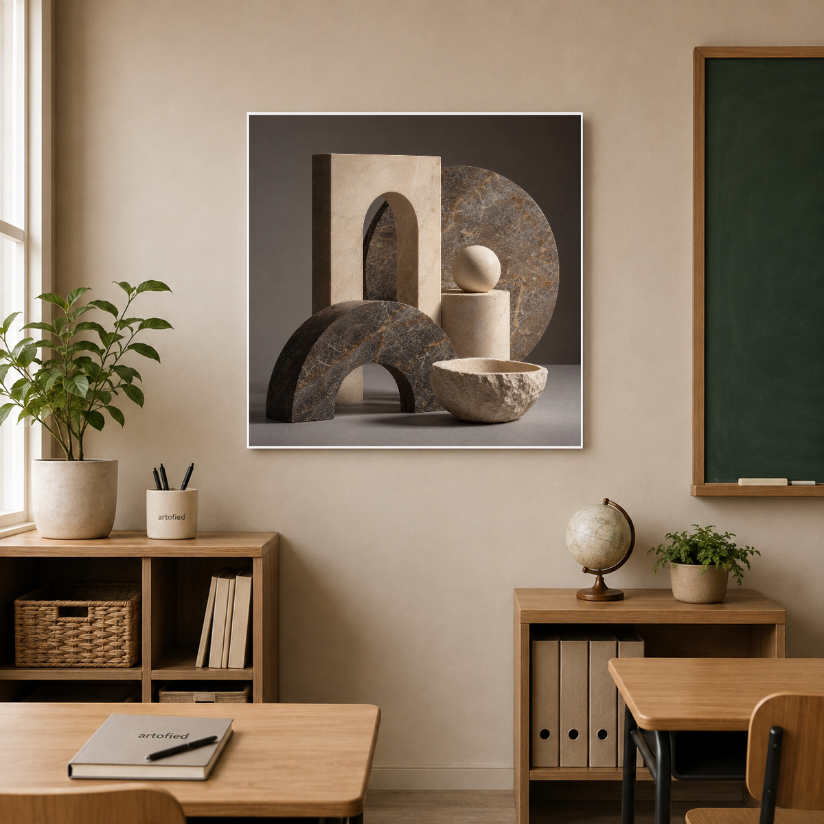 Sculptural Harmony in Stone – Carved stone breathes through empty space. – Premium Metal Poster - Artofied