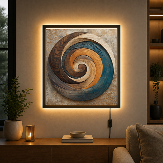 Spiral in Teal and Gold – Spiraling inward through teal and gold – Acrylic Glowing Frame - Artofied