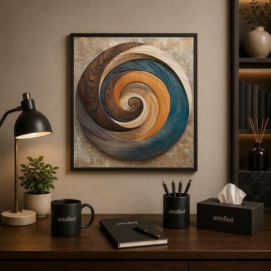 Spiral in Teal and Gold – Spiraling inward through teal and gold – Framed Metal Poster - Artofied