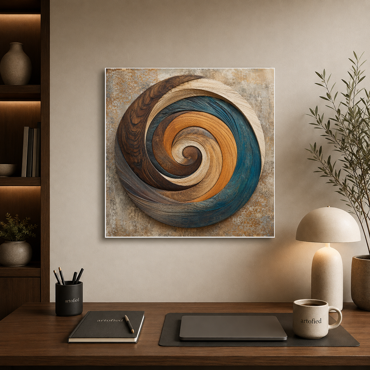 Spiral in Teal and Gold – Spiraling inward through teal and gold – Premium Metal Poster - Artofied