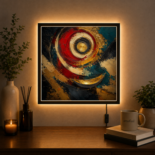 Spiral of Gold and Crimson – Concentric circles pull you inward – Acrylic Glowing Frame - Artofied