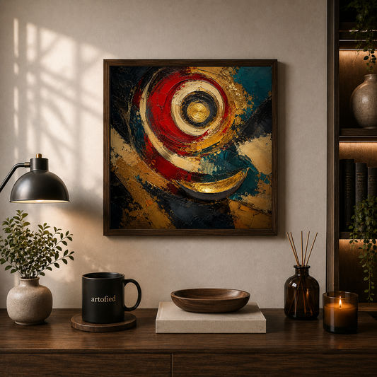 Spiral of Gold and Crimson – Concentric circles pull you inward – Framed Metal Poster - Artofied