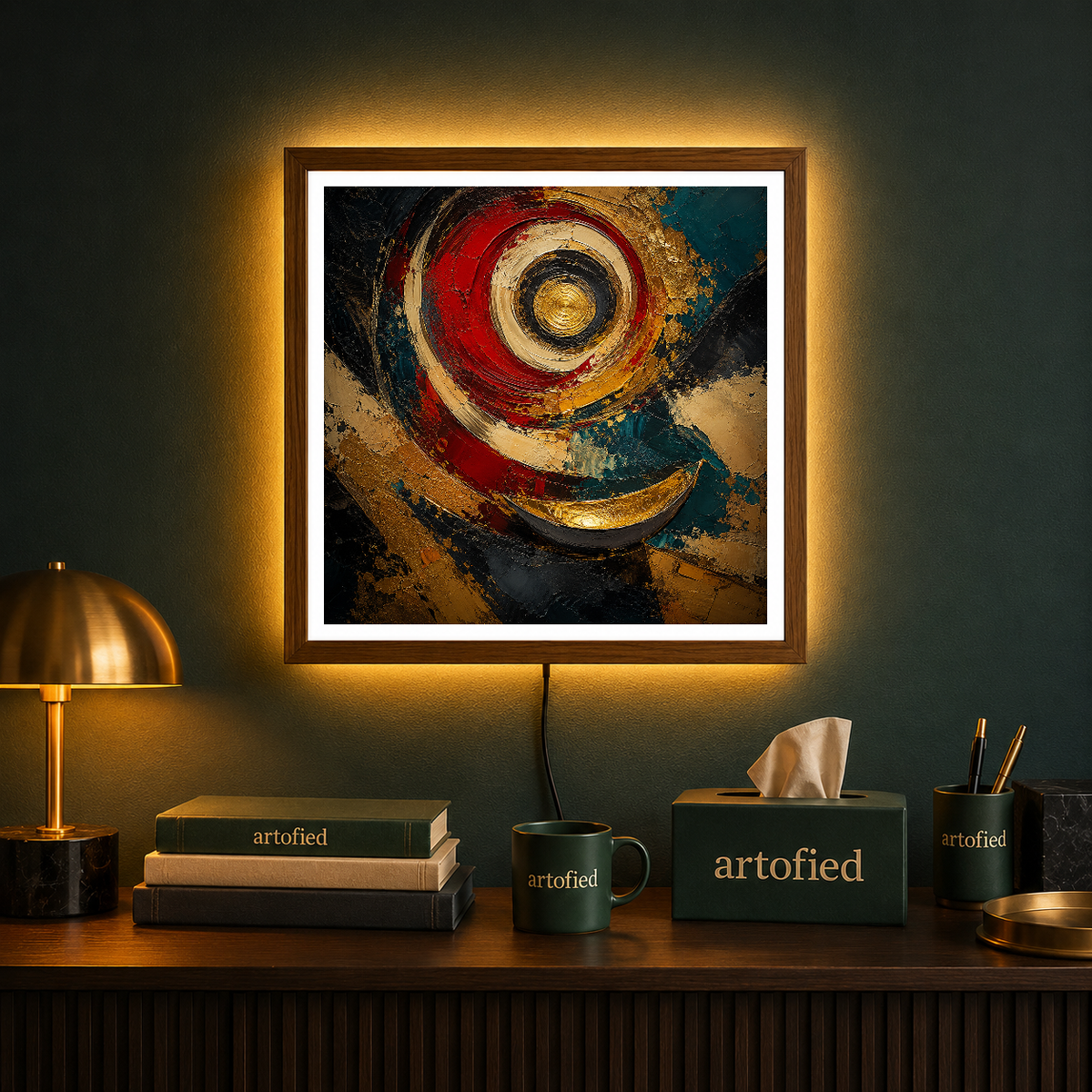 Spiral of Gold and Crimson – Concentric circles pull you inward – Photo Frame Wall Lamp - Artofied