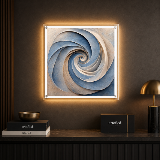 Spiral Reverie in Stone – Shadows spiral inward through layered stone – Acrylic Glowing Frame - Artofied