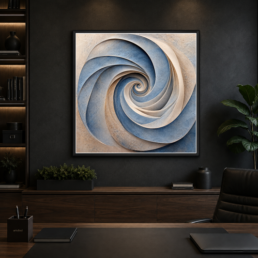 Spiral Reverie in Stone – Shadows spiral inward through layered stone – Framed Metal Poster - Artofied